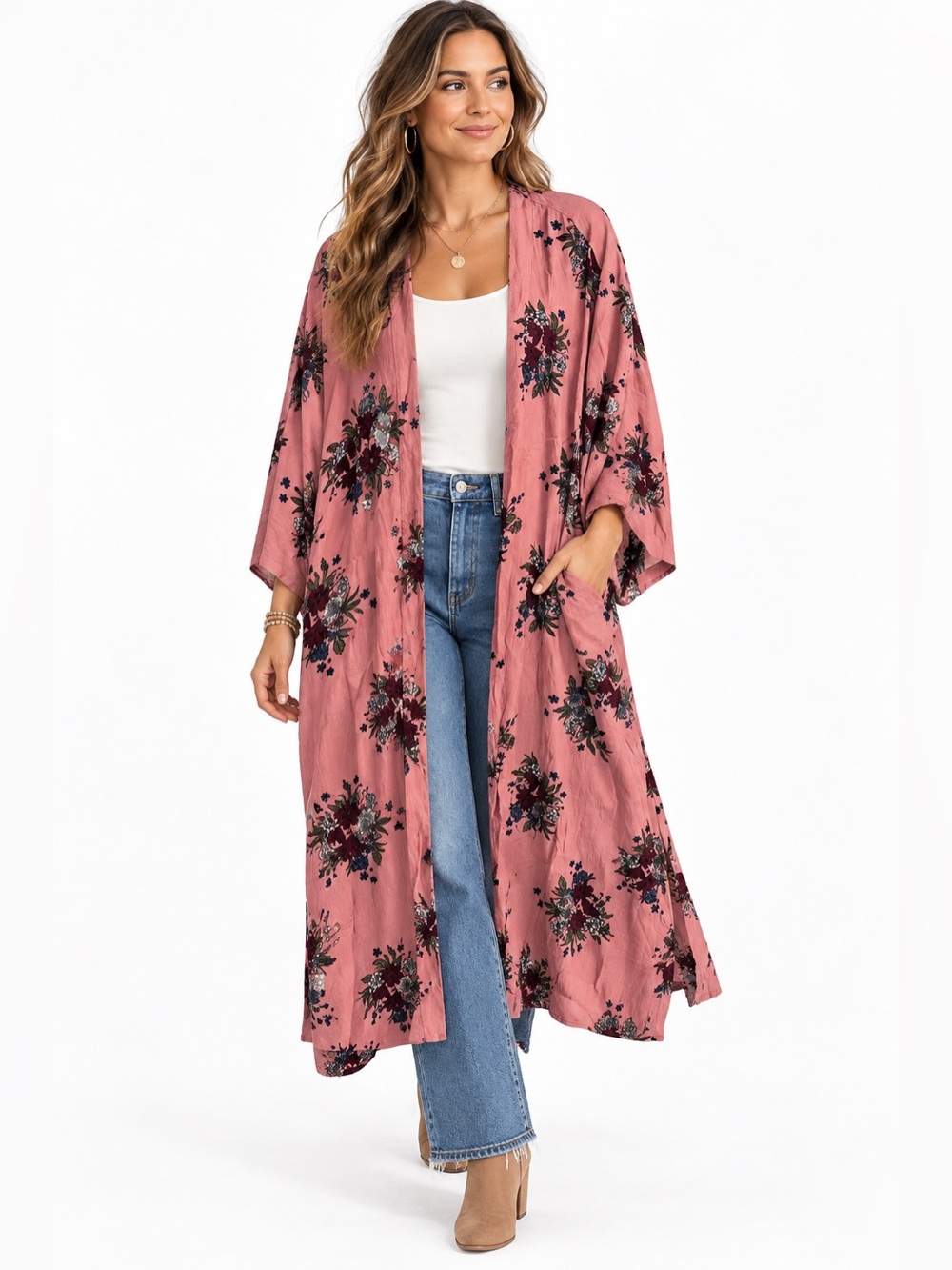 Floral Open-Front Pink Kimono duster